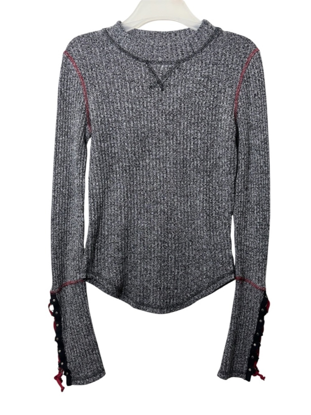 Free People Gray Ribbed Thermal Long-Sleeve Top with Lace-Up Cuffs